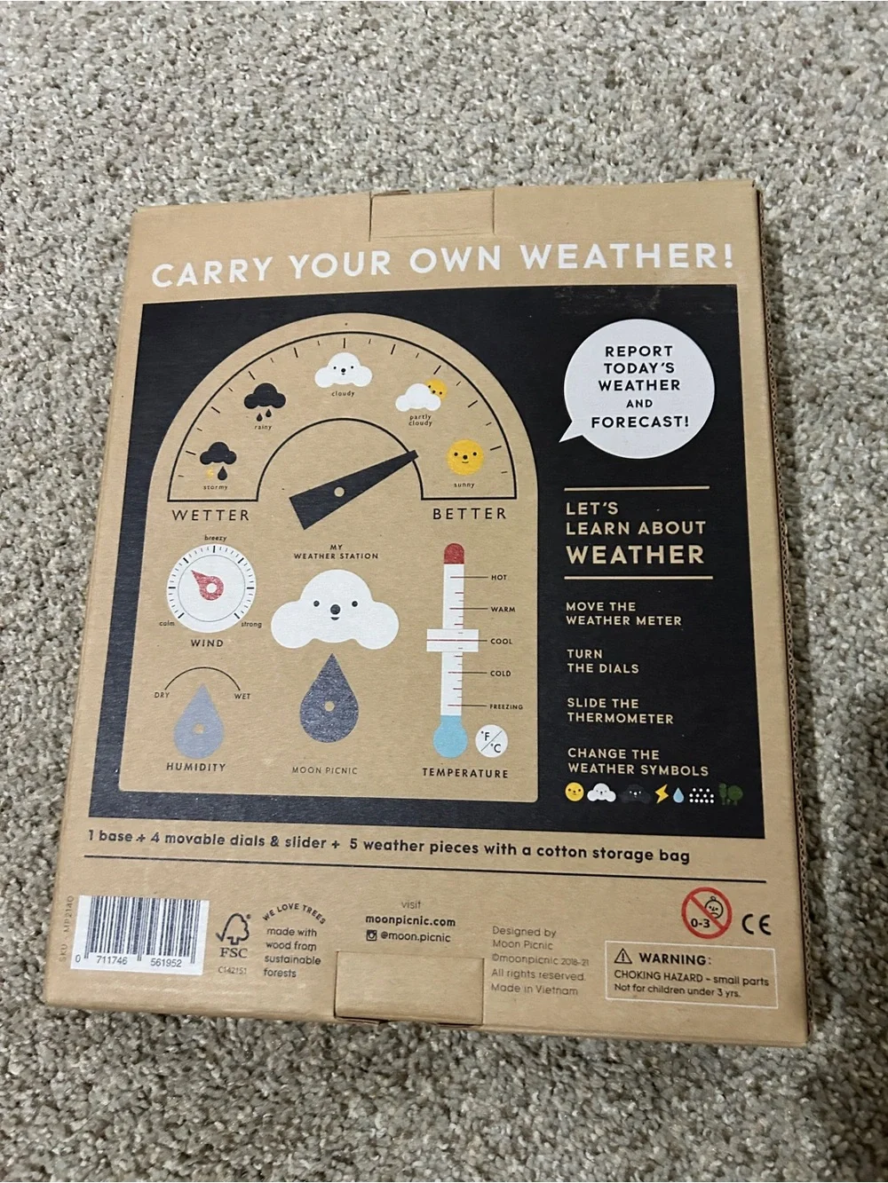 Moon Picnic Weather Station - Natural Wood with Red & Blue Accents